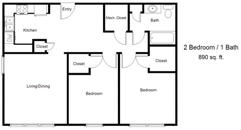 Floor plan for 2 beds, 1 bath, 891 sqft